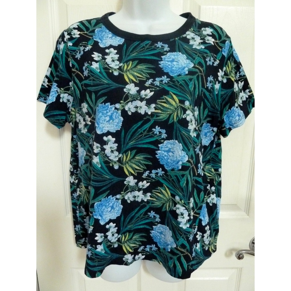 Old Navy Everywear Dark Floral Tee Top Short Sleeve Cotton Blue Black Sz L